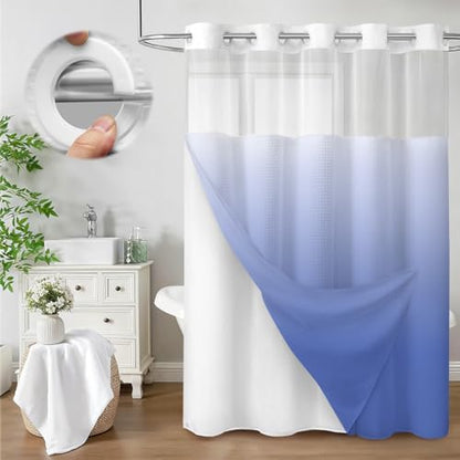 No Hook Shower Curtain with Liner Hotel Waffle Ombre Light Blue 72W X 75L