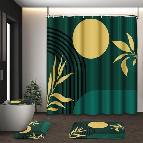 Bathroom Sets with Shower Curtain and Rugs 4 Pcs, Boho Geometric