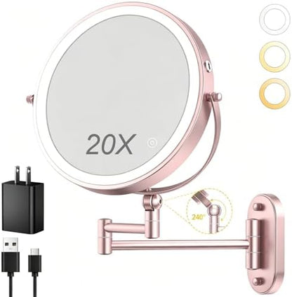 9" Wall Mounted Lighted Makeup Mirror,4000mAh Rechargeable Double Sided 1X/20X Magnifying Mirror with Light,Touch Dimmable,Extended Arm 360 Rotation Wall Mounted Makeup Mirror 3 Color Lights-Gold
