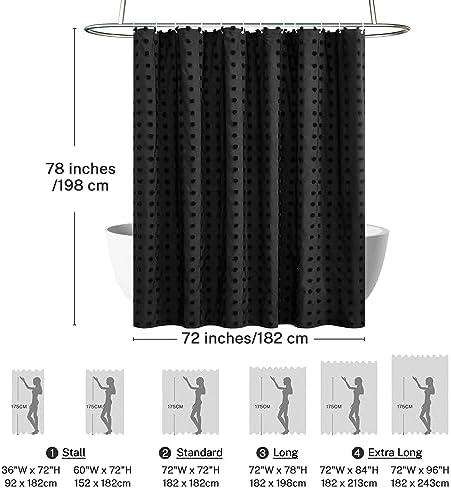 Siiluminisoy Extra Long Black Boho Shower Curtain Woven Fabric Cute Shower Curtain, 72 x 78 Tufted Pleat Floral Textured Modern Farmhouse Minimalist Shower Curtain Set with Hooks for Bathroom