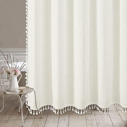 Boho Farmhouse Tassel Linen Shower Curtain,3D Embroidery Stripe Ivory,72x84
