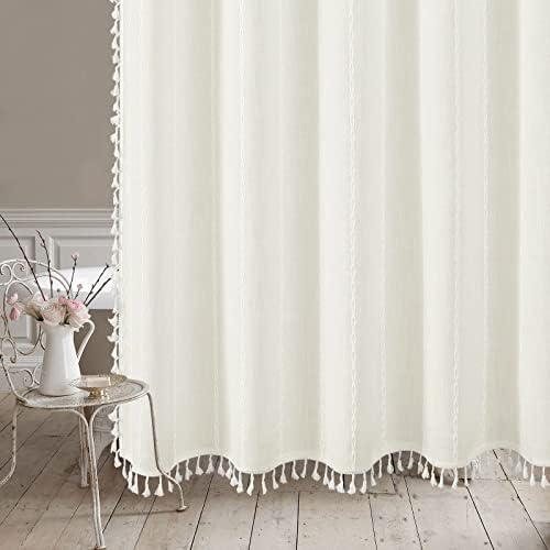 Boho Farmhouse Tassel Linen Shower Curtain,3D Embroidery Stripe Ivory,72x72