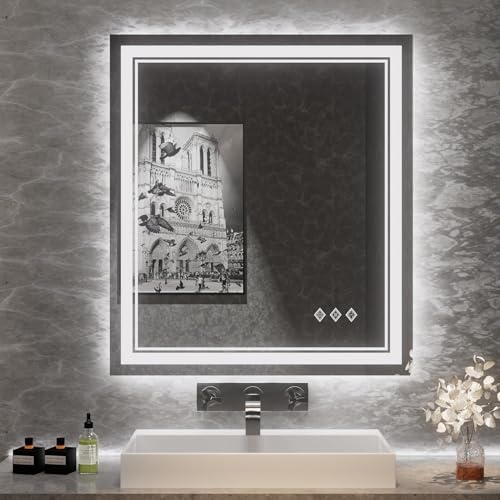 Bathroom Mirror, 32x36 Inch Gradient Front and Backlit LED Mirror for Bathroom, 3 Colors Dimmable CRI>90 Double Lights, IP54 Enhanced Anti-Fog, Hanging Plates Wall Mount LED Mirror