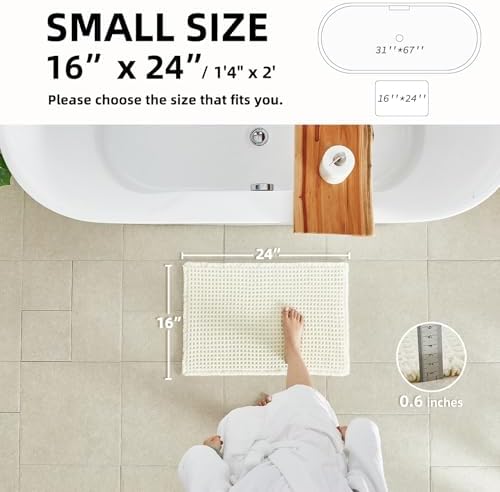 TYUU Cream White Waffle Bath Mat, Small Boho Bathroom Rugs Non Slip 24x16