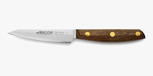 Arcos Paring Knife 4 Inch Stainless Steel. Professional Kitchen Knife for Peeling Fruits and Vegetables. Ovengkol Wood Handle 100% natural FSC and 100mm Blade. Series Nordika. Color Brown