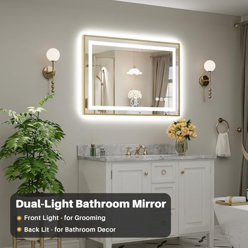 44x30 Inch LED Bathroom Mirror with Gold Frame, Backlit & Front Lit