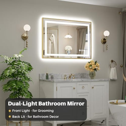 44x30 Inch LED Bathroom Mirror with Gold Frame, Backlit & Front Lit