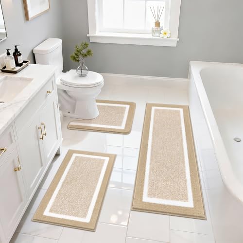 Pauwer Bathroom Rugs 3 Piece Set, Non Slip Washable Bath Mat, Beige