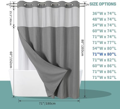 eachope No Hook Waffle Shower Curtain with Snap-in Liner, 71x80 Inch, Grey