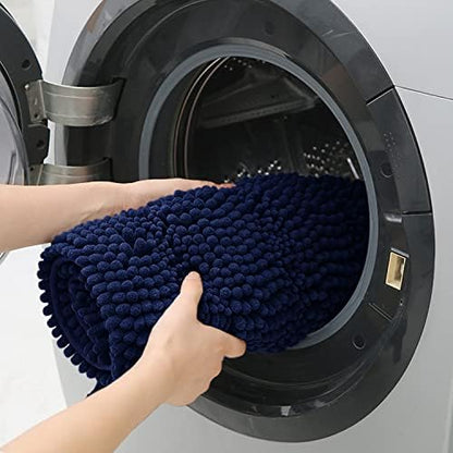 ACCUMTEK Striped Navy Blue Bathroom Rug Mat 48"x20" Ultra Soft, Non Slip Chenille Bath Rugs, Absorbent Plush Shaggy Bath Mats for Bathroom, Bedroom, Kitchen, Shower, Tub