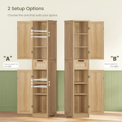 Iwell Tall Bathroom Cabinet, Slim Narrow Storage Cabinet with Adjustable Shelves, Rattan Cabinets with 1 Drawer, for Bathroom, Living Room, Entryway, Kitchen, Nature