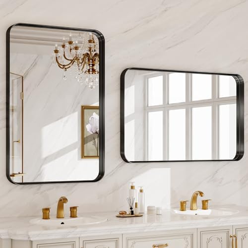 48X32 Inch Metal Black Framed Bathroom Mirror for Wall, Matte Framed Rounded Rectangular Modern Mirrors for Over Sink, Anti-Rust, HD Tempered Glass, Farmhouse, Hangs Horizontally or Vertically