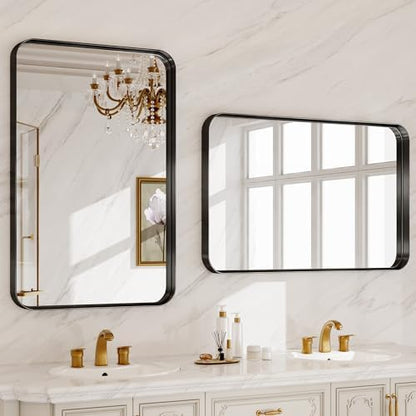 48X32 Inch Metal Black Framed Bathroom Mirror for Wall, Matte Framed Rounded Rectangular Modern Mirrors for Over Sink, Anti-Rust, HD Tempered Glass, Farmhouse, Hangs Horizontally or Vertically