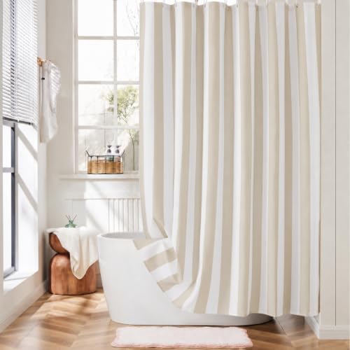 Ohocut Vertical Striped Shower Curtain, Cute Retro Vintage Stripe Bow Bathroom Shower Curtain, Waterproof Polyester Fabric Modern Bath Curtain for Bathroom 72x72 Inches Beige
