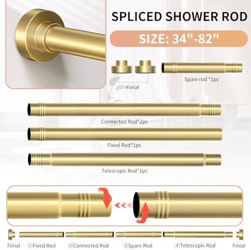 Gold Shower Curtain Rod 34-82 Inches(2.8-6.8ft) Never Rust Adjustable Shower Rod Spring Tension Non Slip No Drilling Shower Rods for Bathroom Garland Window