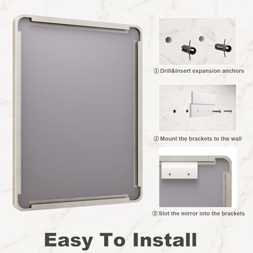 24x32 Inch Brushed Nickel Bathroom Mirror, Brushed Silver Metal Framed Wall Mirror, Rounded Corner Rectangle Modern Vanity Mirror, Tempered Glass, Anti-Rust, Shatterproof (Horizontal/Vertical)