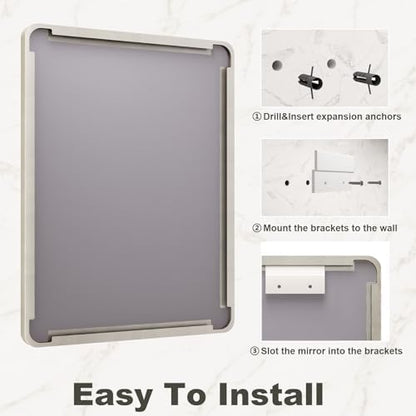 48x32 Inch Brushed Nickel Bathroom Mirror, Brushed Silver Metal Framed Wall Mirror, Rounded Corner Rectangle Modern Vanity Mirror, Tempered Glass, Anti-Rust, Shatterproof (Horizontal/Vertical)