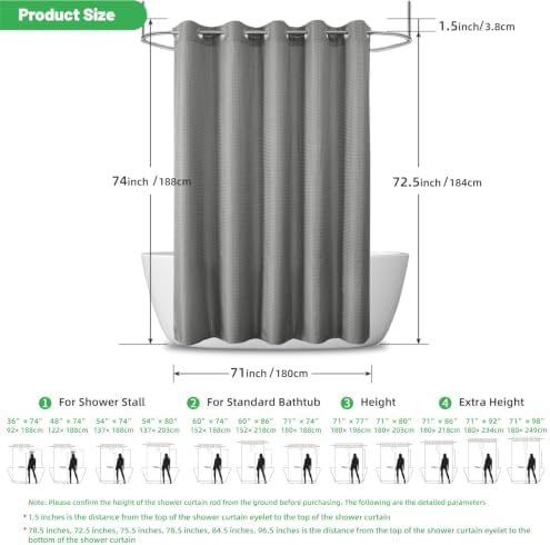 No Hook Waffle Shower Curtain, No Liner Needed Separate, 71x74 Inch, Grey
