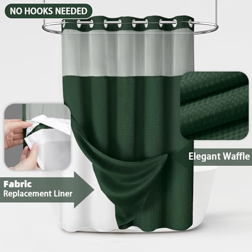 No Hook Shower Curtain with Liner Set Hotel Waffle Dark Green 72W X 75L