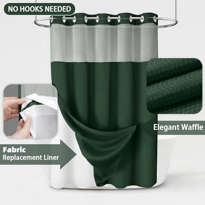 No Hook Shower Curtain with Liner Set Hotel Waffle Dark Green 72W X 75L
