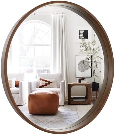 WallBeyond Circle Mirror with Wood Frame, 28" Round Modern Decoration Large Home Decor Mirror for Bathroom Living Room Bedroom Entryway (28" Diameter, Walnut)