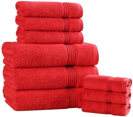 SUPERIOR Egyptian Cotton 9-Piece Towel Set, Assorted Towels for Home Bathroom, Master, Guest Bath, Decor Essentials, Includes 3 Bath, 3 Hand, 3 Face Towels/Washcloths, Quick Dry, Absorbent, Red