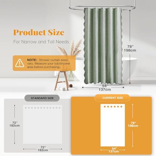 BTTN 54x78 Boho Scalloped Linen Textured Cloth Shower Curtain, Sage Green