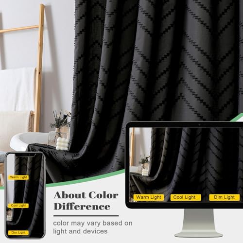 OWENIE Black Fabric Shower Curtain, Boho Shower Curtains for Bathroom Chic Tufted Chevron Striped Textured with Tassel, Soft Hotel Style Farmhouse, Machine Washable, 72x78, Black