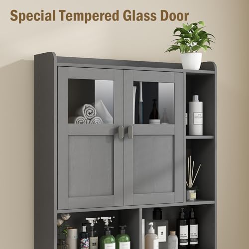 Vabches Over The Toilet Storage Cabinet with Doors and Shelf, Natural Grey