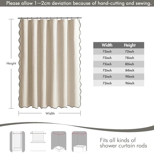 MIULEE Beige Scalloped Shower Curtain Linen Textured with 12 Metal Hooks Cute Heavy Duty Washable Waterproof Neutral Thick Cloth Shower Curtains with Black Border for Bathroom Bathtub,W72*L72 Cream