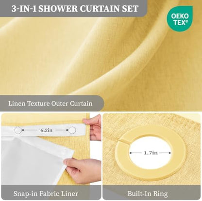 BTTN Yellow Ringless Linen Textured Shower Curtain with Snap in Liner 72x75