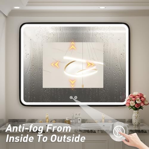 40x30 Inch LED Black Frame Bathroom Mirror,3- Color
