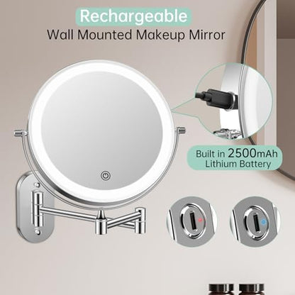 FUNTOUCH 2500mAh Rechargeable Wall Mounted Lighted Makeup Mirror 1X/20X