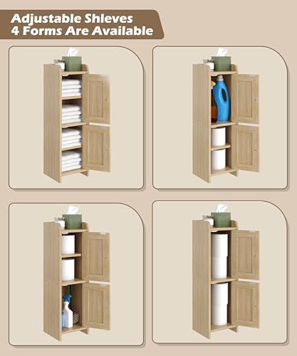 Akxomel Rattan Small Bathroom Cabinet Narrow Toilet Paper Organizer Oak