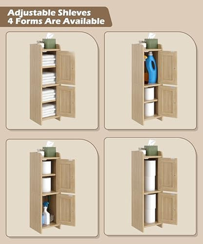 Akxomel Rattan Small Bathroom Cabinet Narrow Toilet Paper Organizer Oak