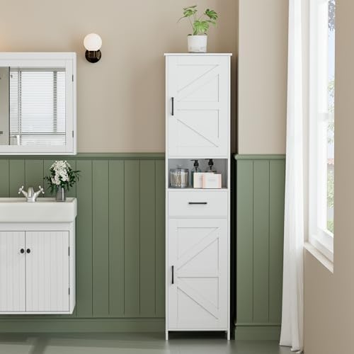 Homhedy 67" H Tall Bathroom Storage Cabinet with Barn Doors and Drawer