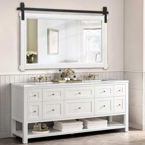 Besdomus Farmhouse Bathroom Vanity Mirror: 42"x28" White Rustic Barn Door