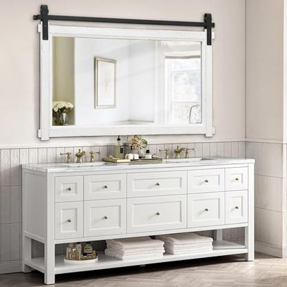 Besdomus Farmhouse Bathroom Vanity Mirror: 42"x28" White Rustic Barn Door