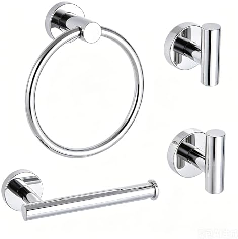 4-Piece Polished Chrome Bathroom Hardware Set - Toilet Paper Holder and Hand Towel Holder, Towel Ring Wall Mounted, Stainless Steel Accessories Set - Silver