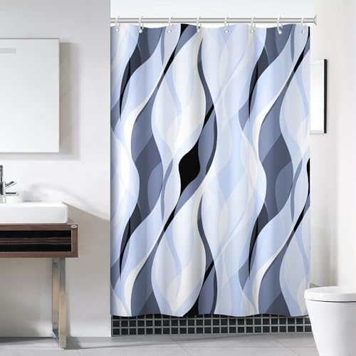 Sky Blue Striped Shower Curtain with Hooks for Bathroom 60x72 Inch