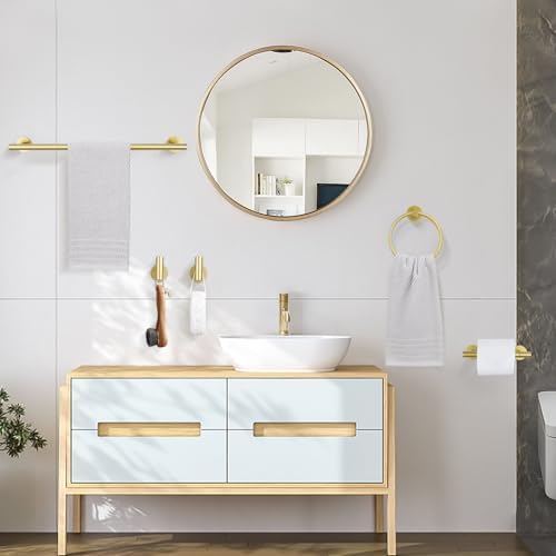TURS Brushed Gold 5 Piece Bathroom Hardware Set, SUS304 Stainless Steel Bath Towel Bar Set, 23.6 Inch Round Bathroom Accessories Kit Wall Mounted