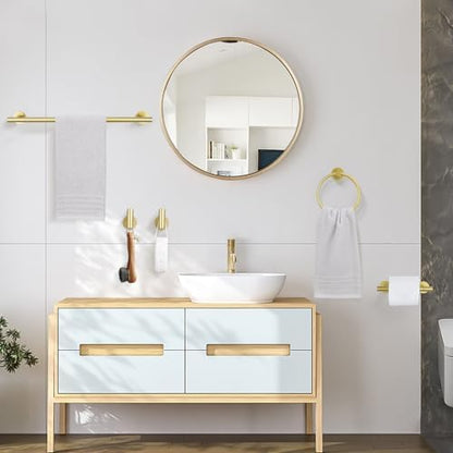 TURS Brushed Gold 5 Piece Bathroom Hardware Set, SUS304 Stainless Steel Bath Towel Bar Set, 23.6 Inch Round Bathroom Accessories Kit Wall Mounted