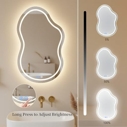 Irregular Wall Mirror 24 x 36 Inch, Lighted Mirrors for Bathroom Wall, Asymmetrical LED Mirror for Bathroom with Anit-Fog, Dimmable, Memory Function (Horizontal/Vertical)