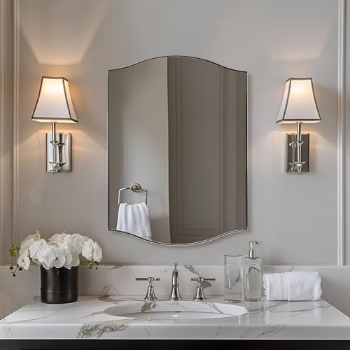 ANDY STAR Polished Chrome Bathroom Mirror, 20"x30" Scalloped Wall Mirror in Stainless Steel Metal Frame, Unique Vanity Mirror with Modern Curved Edge Design, Ideal for Bathroom, Bedroom, Entryway