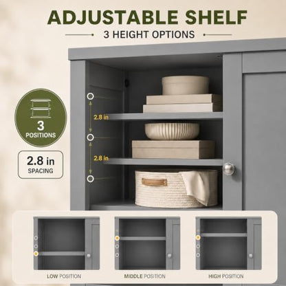 Nuturelly Bathroom Floor Storage Cabinet, 4 Doors, Anti-Tip, Grey