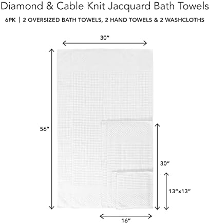 Texere 100% Organic Cotton Diamond Jacquard 700 GSM Luxury Bath Towel Sets, Soft and Absorbent Hotel Quality, Bath Towels, Hand Towels, Washcloths (Diamond, Bright White, 6 Piece)