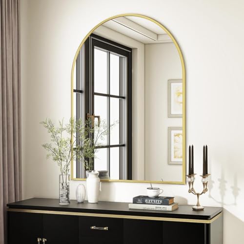 VooBang Arched Wall Mirror, 30 x 38 inch Arch Bathroom Mirror Gold