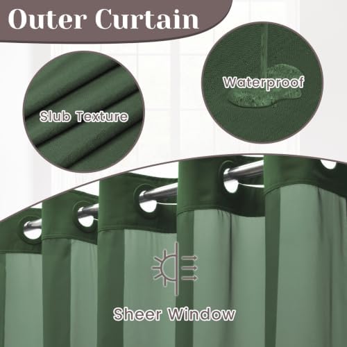 SORTTO No Hook Slub Shower Curtain with Liner, 71x74, Dark Green