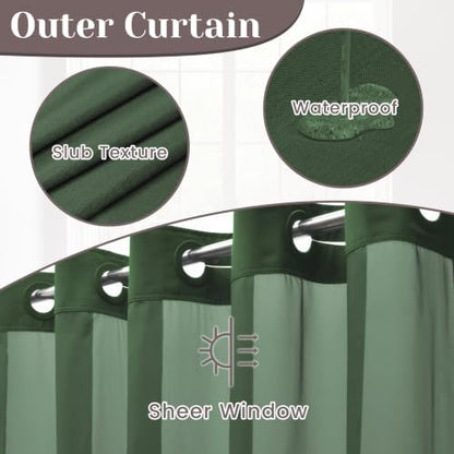 SORTTO No Hook Slub Shower Curtain with Liner, 71x74, Dark Green