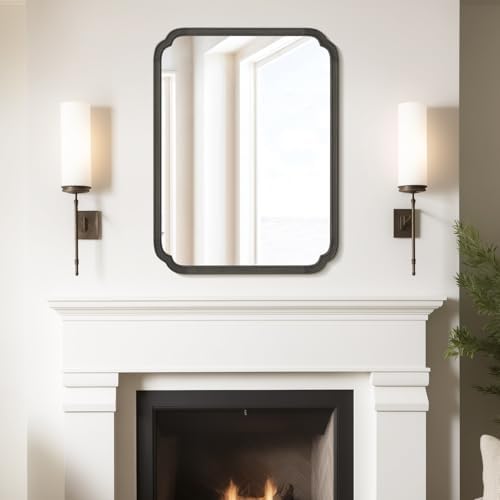 WallBeyond 28" x 40" Rounded Corner Arch Wall Mirror with Wood Frame for Entryway, Living Room or Bedroom Home Decor - Light Woodgrain [28 x 40 inches, Black]
